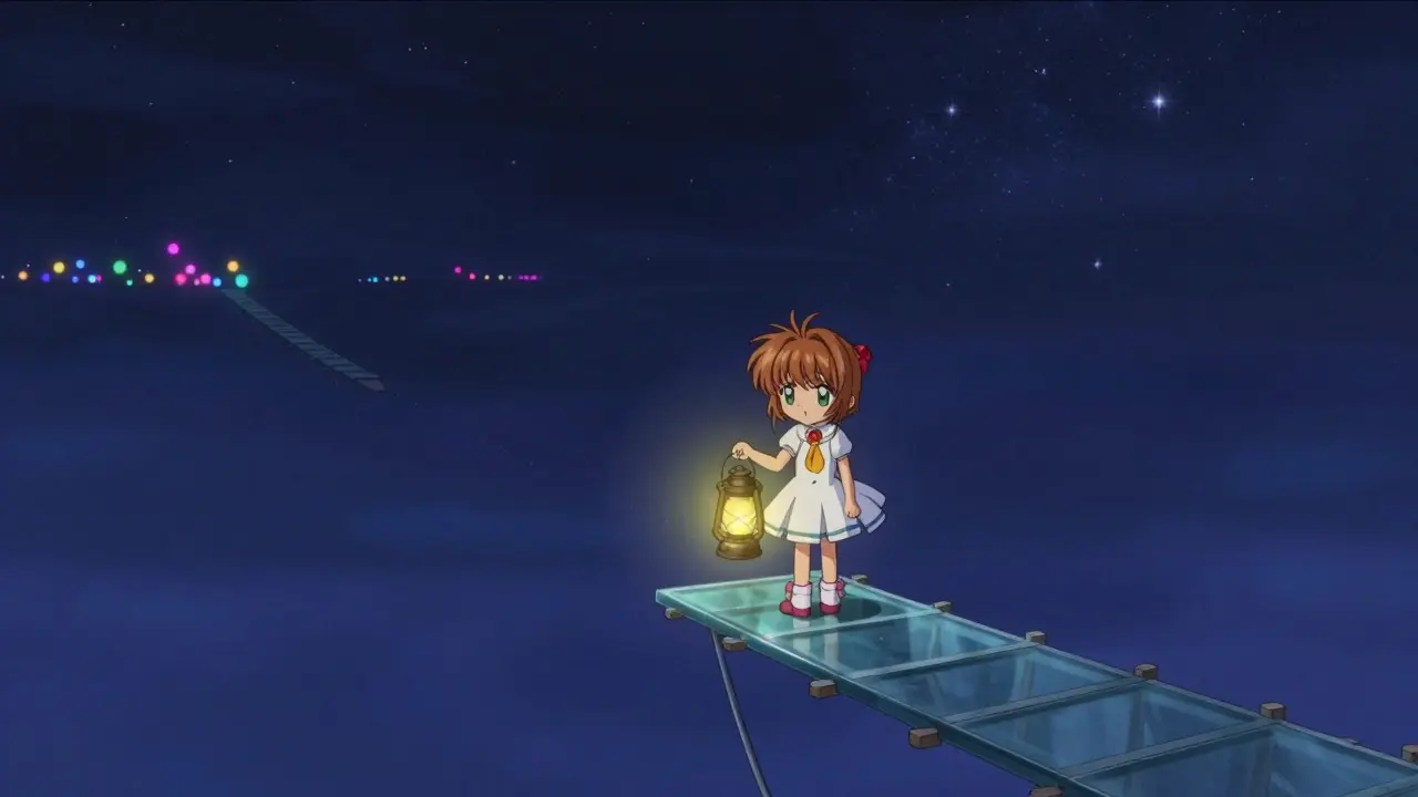 Character holding a lantern on a glass bridge over a starry void, illustrating crypto investment risk