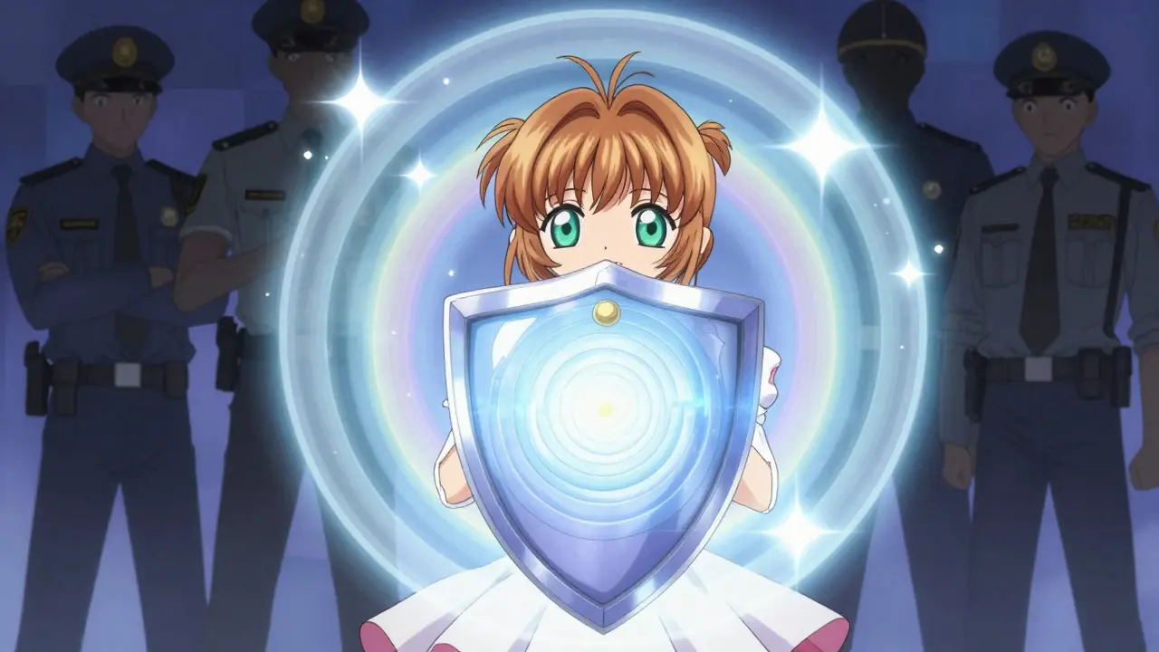 Character protected by colorful onion-shaped shields from shadowy trackers.