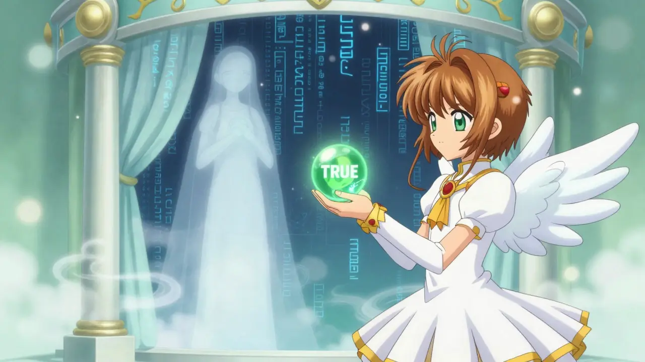 Character using glowing green proof orb to hide identity data