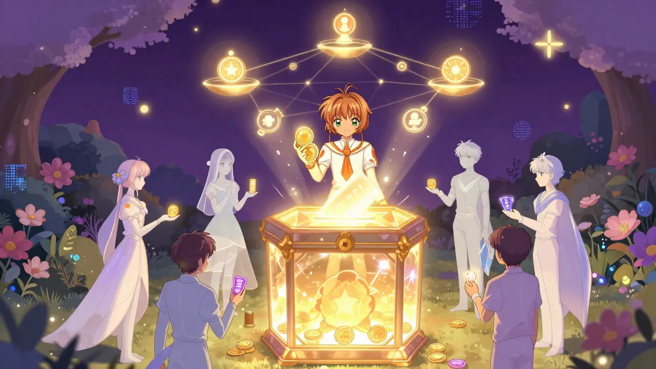 Character voting in a crystal box surrounded by ethereal figures in a digital garden