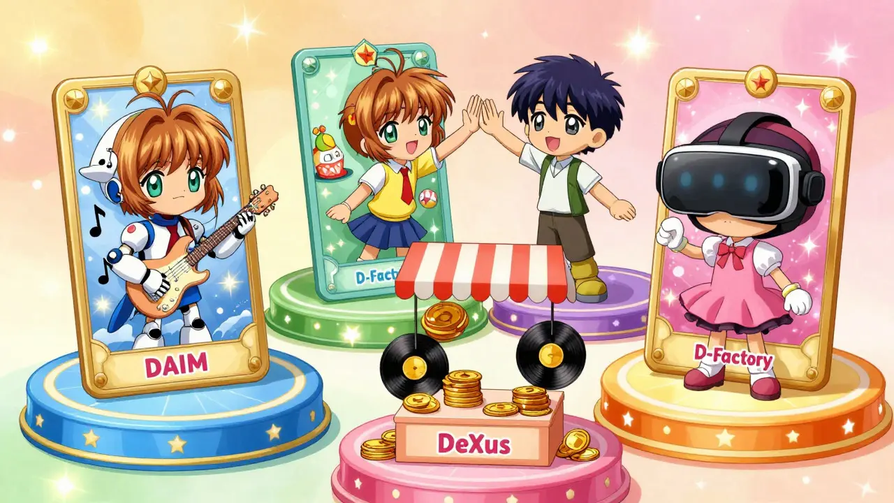 Cute anime spirits representing four DMCC platforms: AI, collaboration, market, and VR