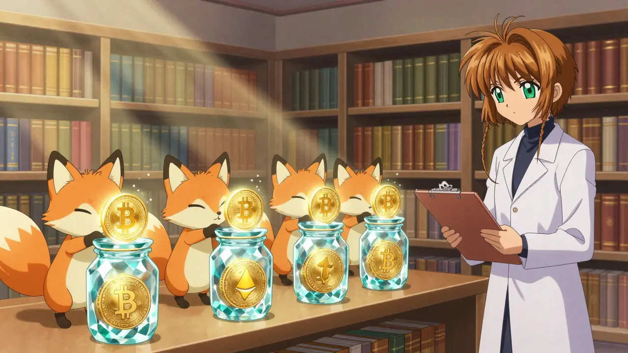 Cute creatures sorting crypto into safe crystal jars