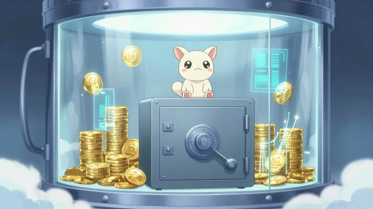 Cute guardian protecting digital assets in a secure vault
