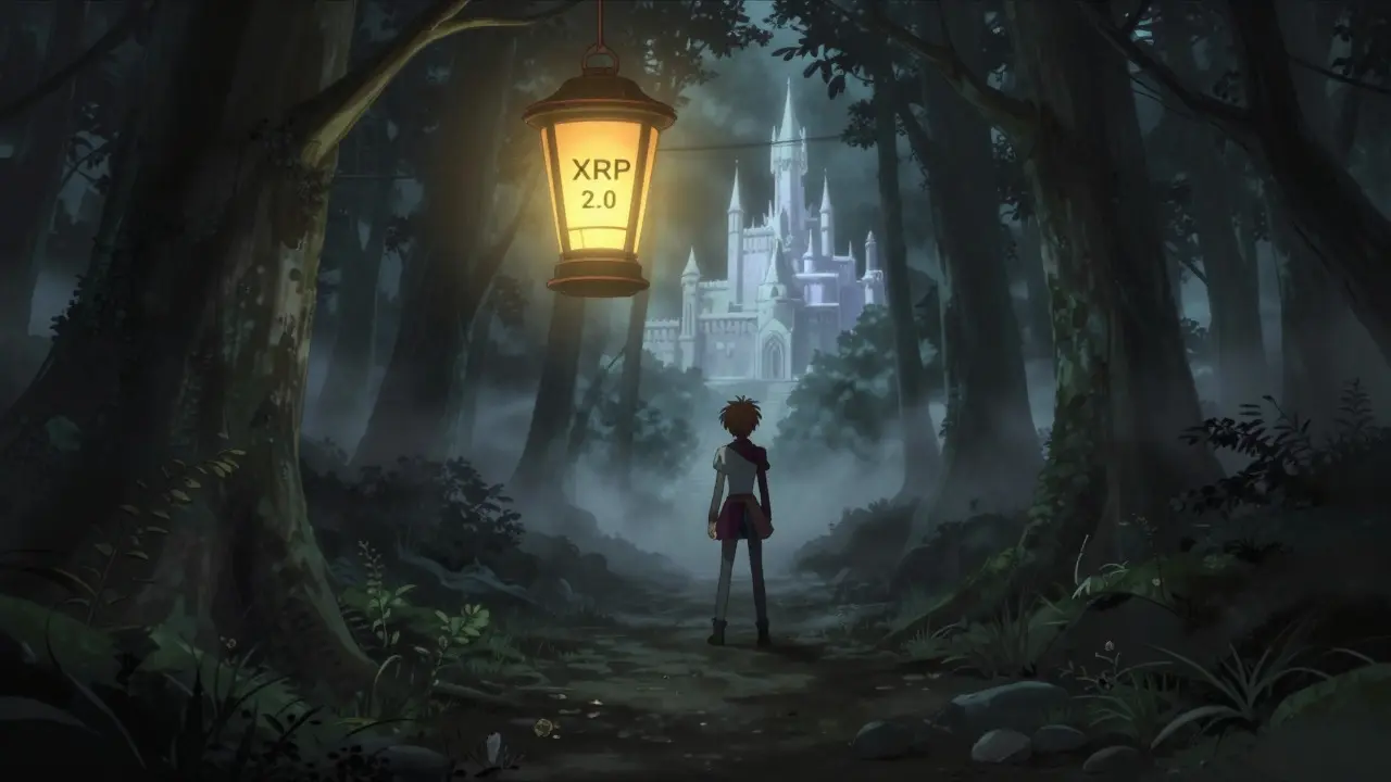 Dark anime forest path with a dim lantern and a protagonist looking toward a distant bright castle