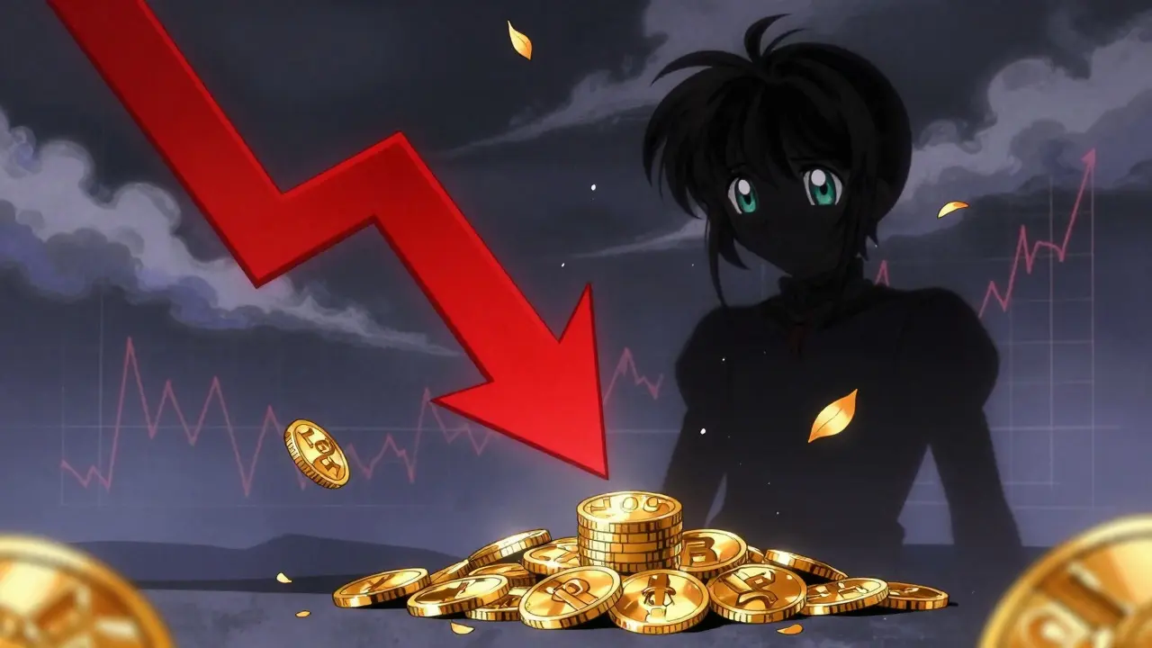 Downward trend arrow and looming token supply shadow in anime style