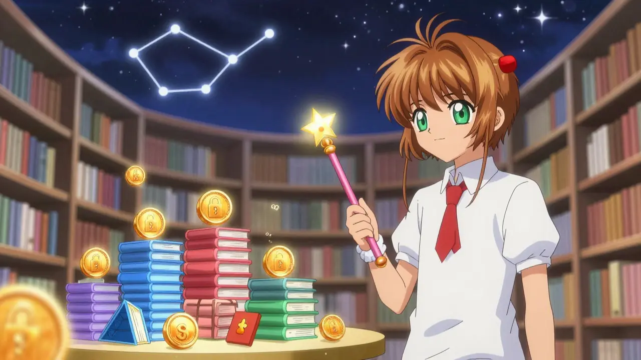 Floating security tokens transforming from books in a magical library