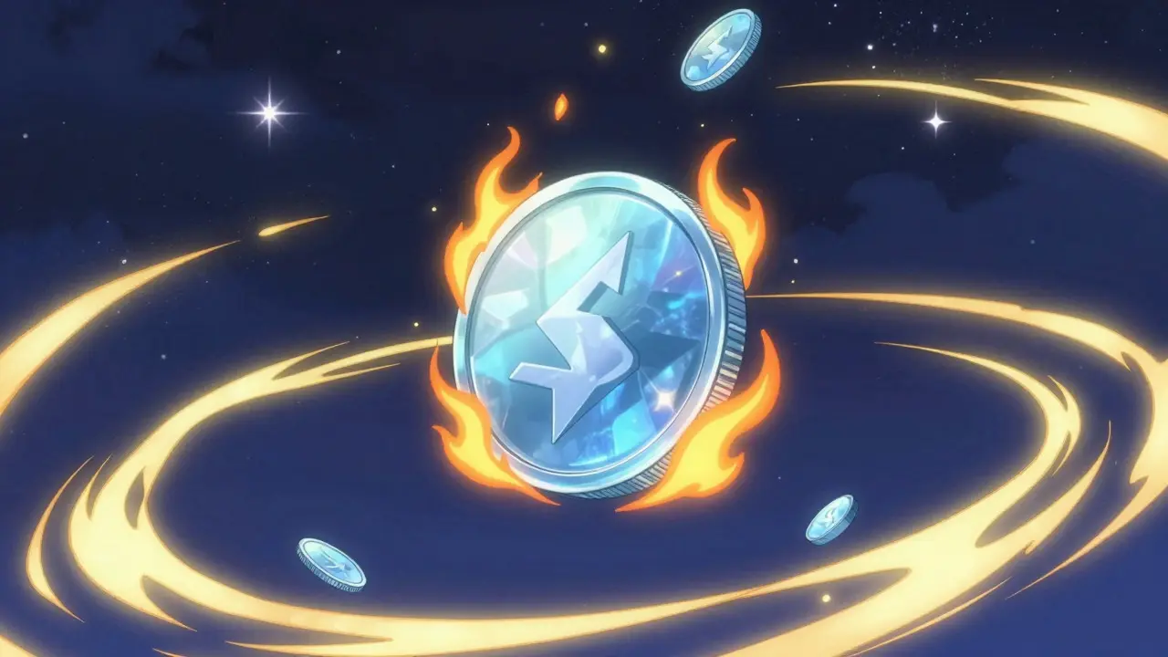 Holographic coin with burning edges and staking light streams in anime style