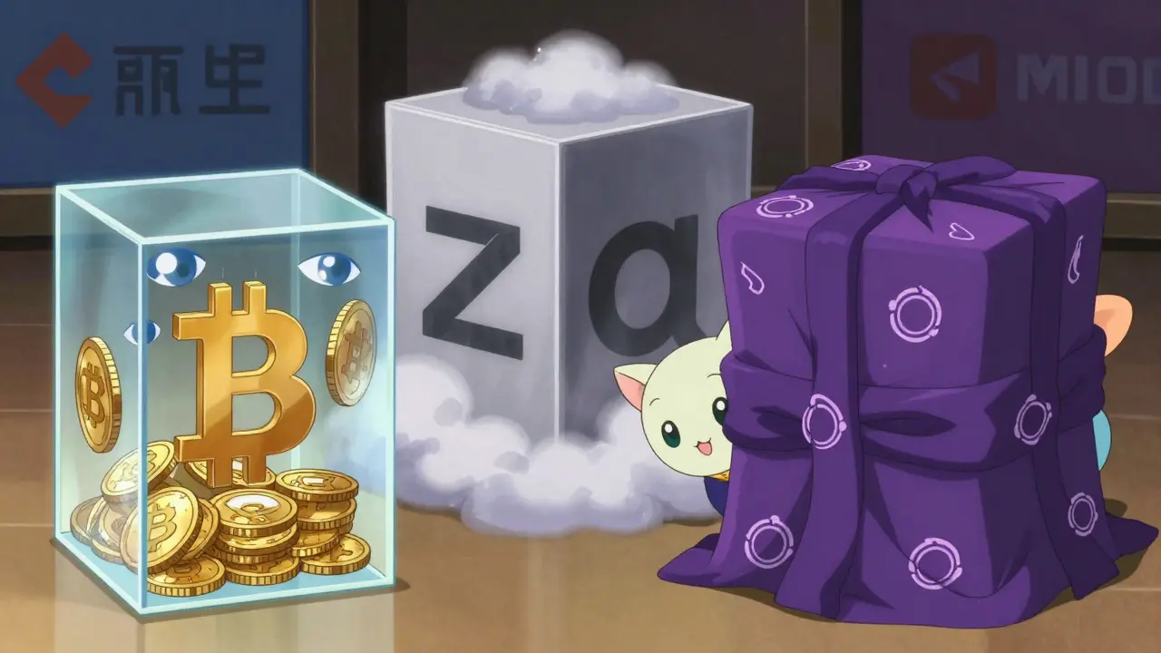 Illustration comparing transparency of Bitcoin, Zcash, and Monero coins.