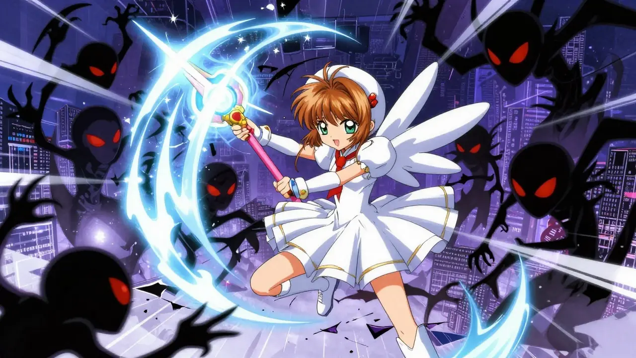 Magical guardian spirit battling dark shadows representing DeFi risks in an anime scene