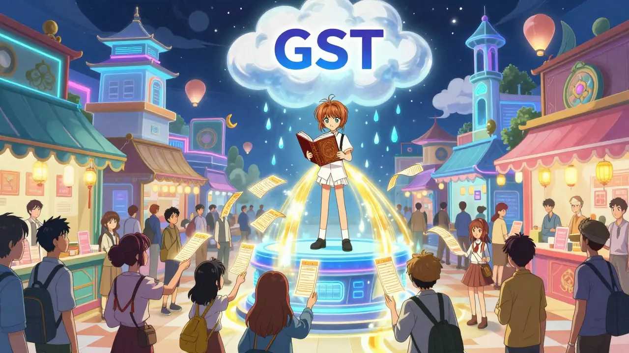 Manga-style scene of a digital bazaar where glowing invoices rain down from a cloud onto traders