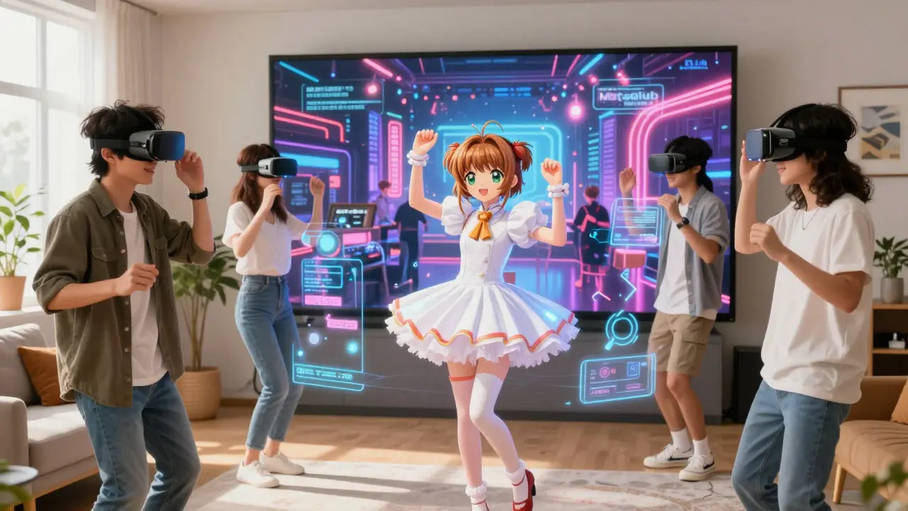 Teenagers using VR headsets to enter a vibrant virtual nightclub in anime style