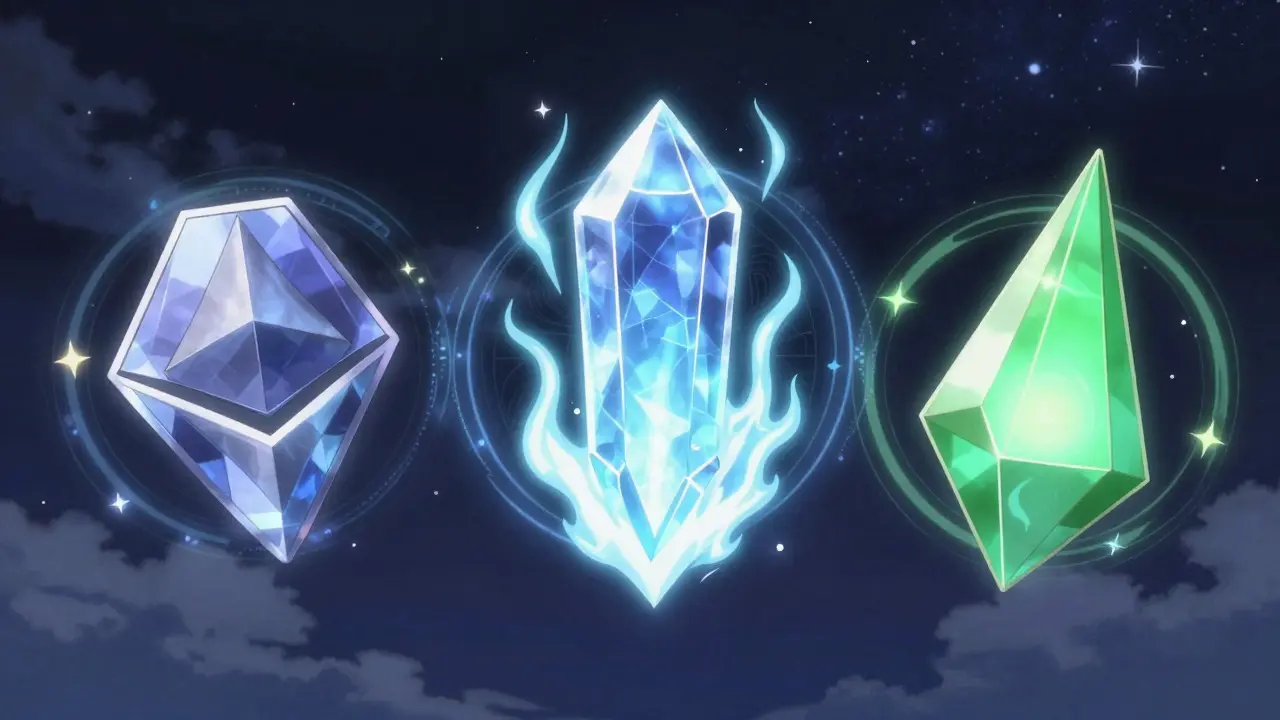 Three glowing crystals representing different crypto chains