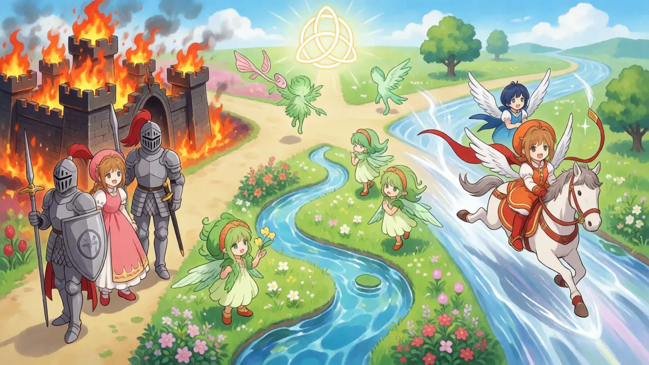 Three magical paths representing security, sustainability, and speed