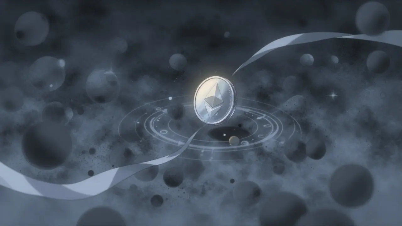 Tiny glowing coin floating among billions of dark dust motes in a vast void