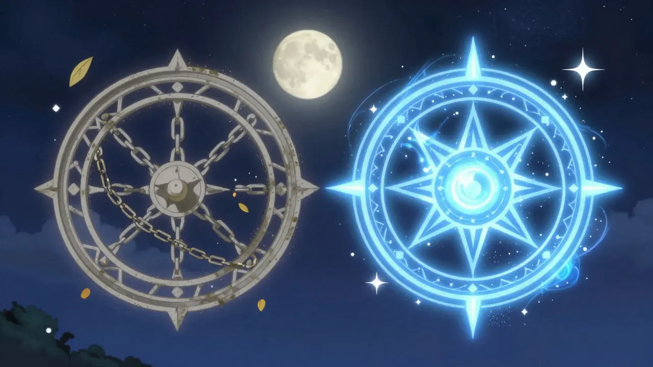 Two contrasting magical seals representing dormant vs active crypto projects