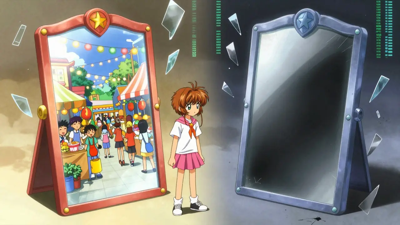 Two mirrors showing different market scenes to illustrate price confusion