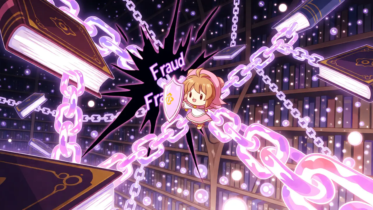 A magical guardian protects a chain of smart contract books from fraud shadows.