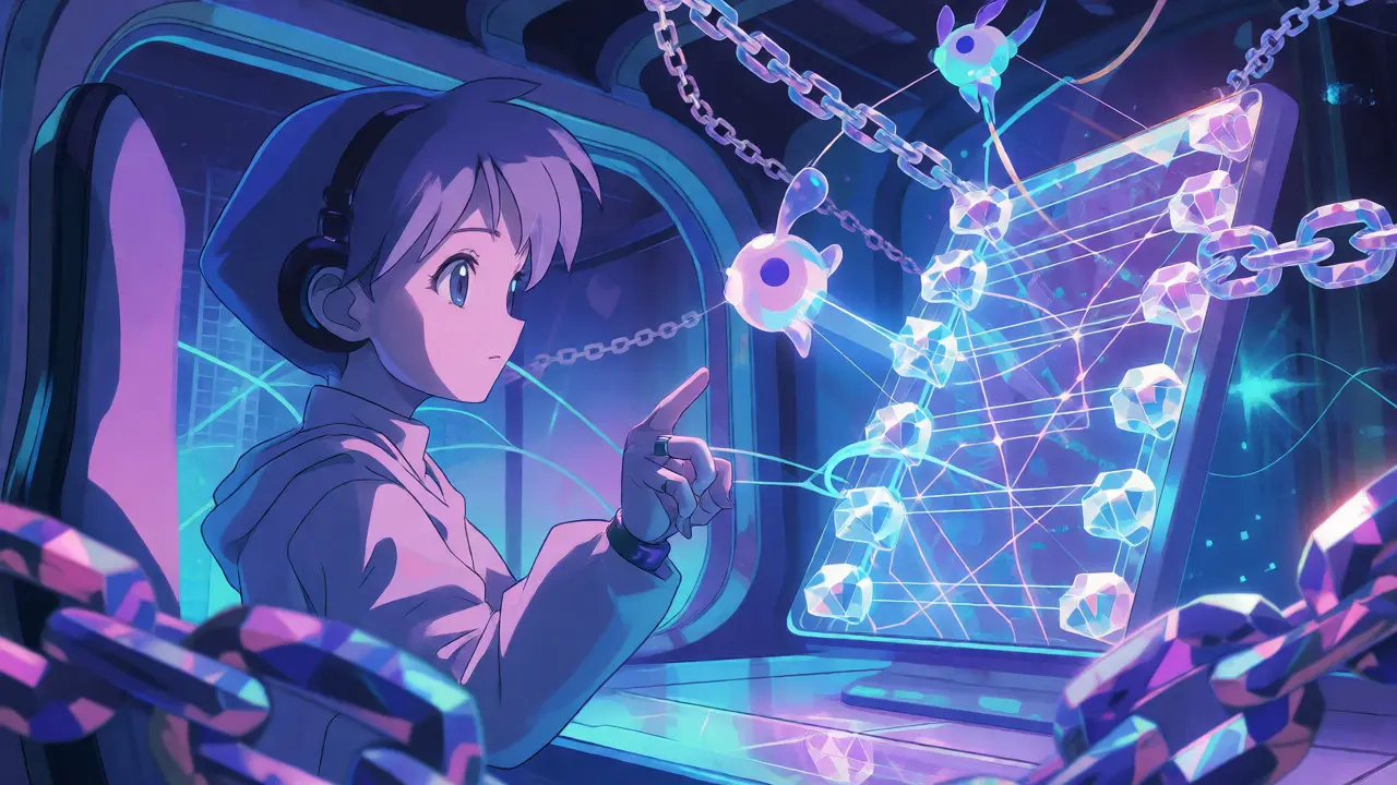 Android character interacting with a crystal blockchain network guided by AI spirit creatures.