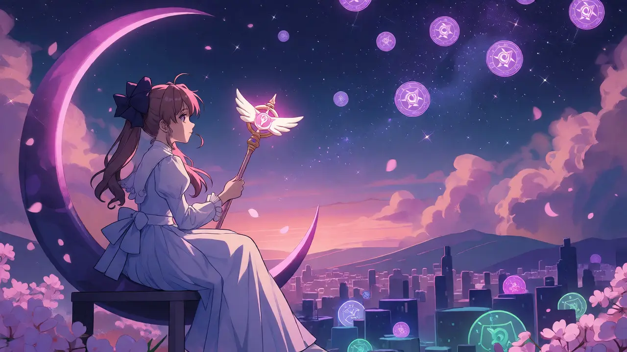 Anime girl on a moon bench overlooking a blockchain cityscape