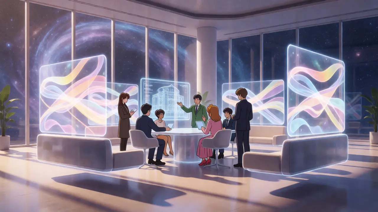 Avatars discussing blueprints in a futuristic virtual office setting.
