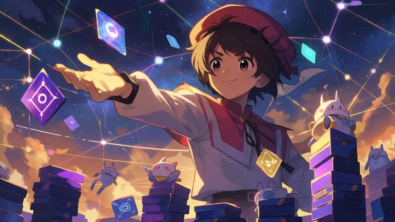 Character collecting colorful token cards in a starry digital network