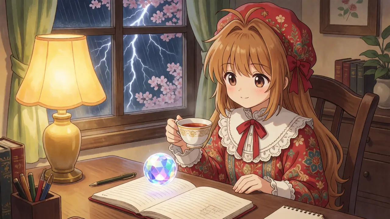 Character enjoying tea while market storms rage outside