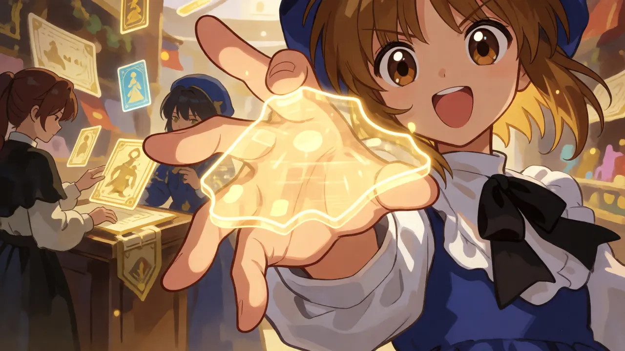 Character holding a glowing holographic land token in an anime style.