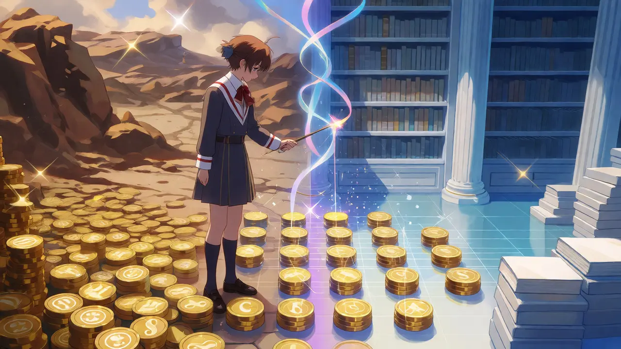Character organizing chaotic crypto coins into neat rows with magic