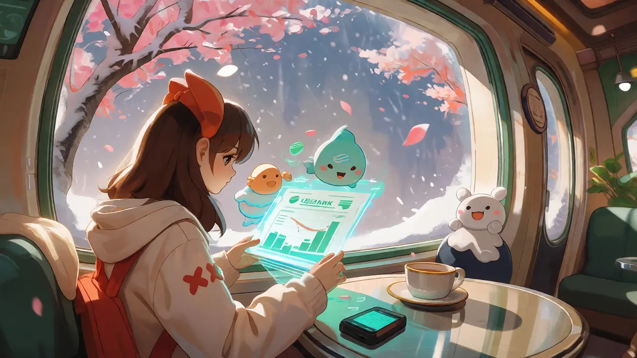 Character relaxing in a cafe with holographic crypto portfolio
