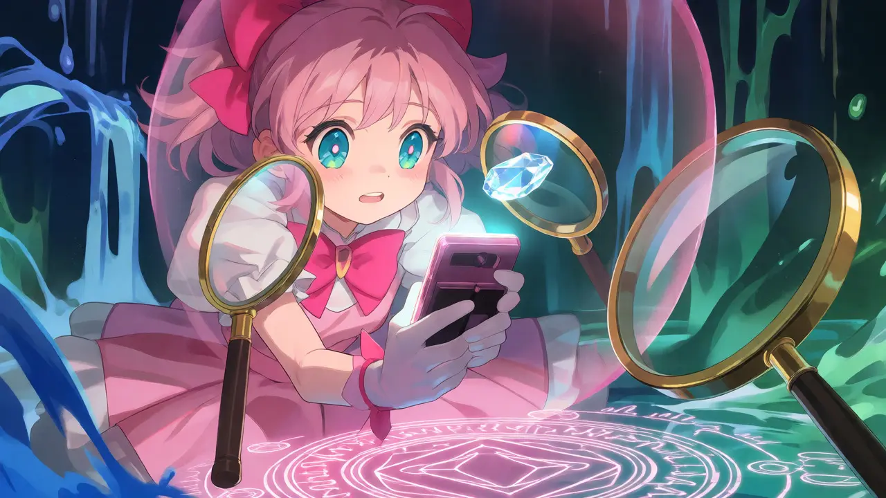 Character using magic to verify a digital token's contract amidst holographic shields