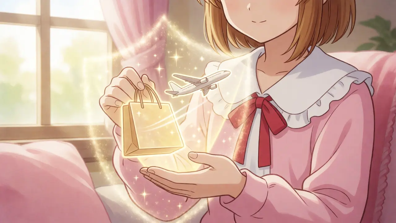 Character viewing holographic shopping and travel icons