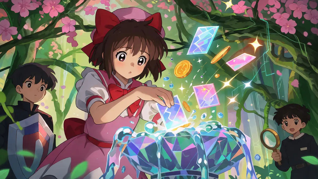 Characters placing cards into a magical liquidity pool fountain