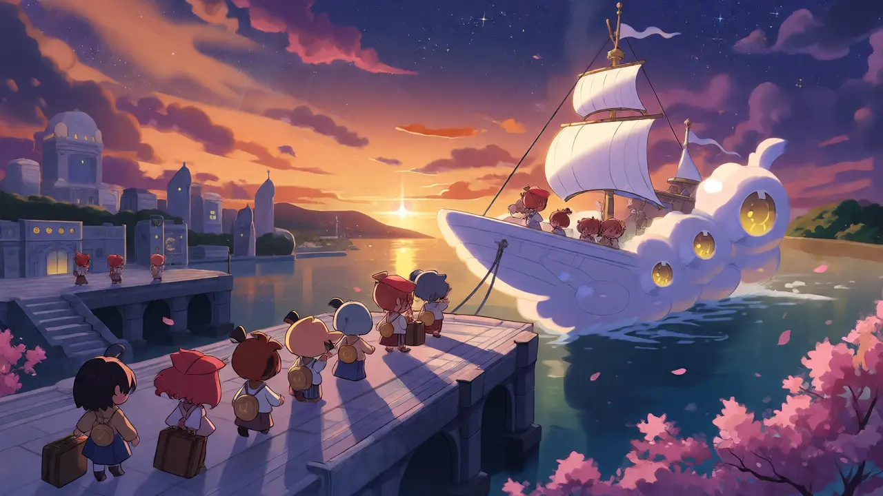 Chibi characters boarding a cloud ship leaving EU docks for sunny islands