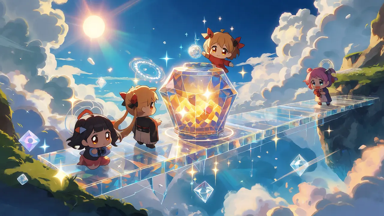 Chibi characters depositing light orbs into a crystal container in a sky setting