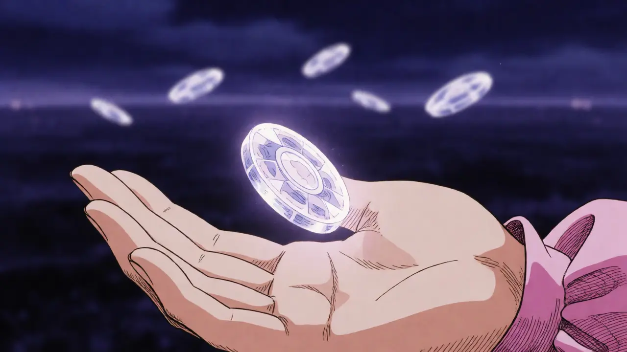 Close-up of a fragile cracked crystal token held in hand against a dark background
