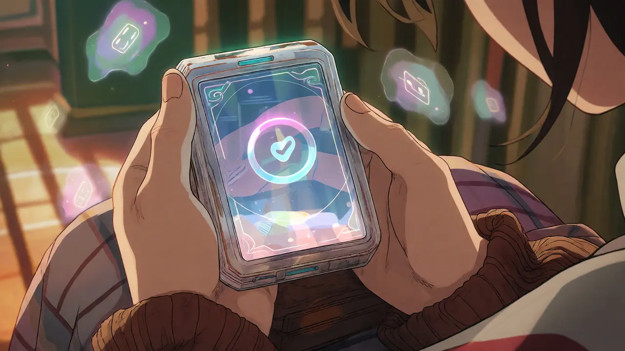 Close-up of anime hands checking a transparent device for forgotten token balances.