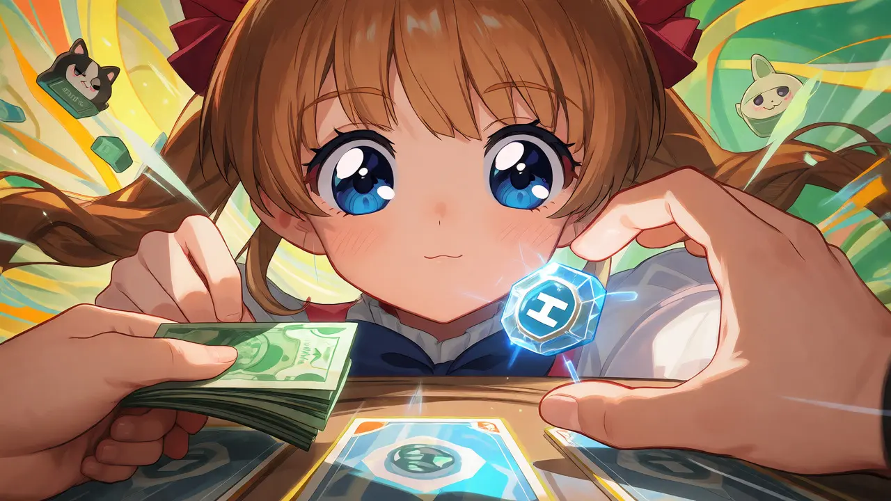 Close-up of P2P crypto trade visualized as a magical card exchange