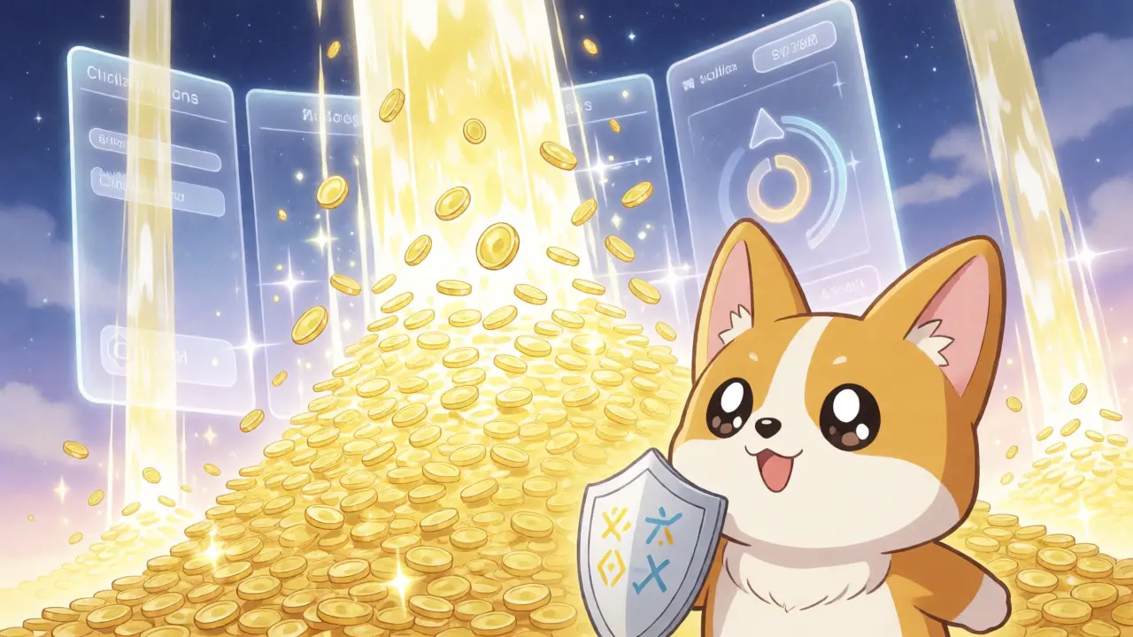 Corgi looking up at falling coins representing massive token supply