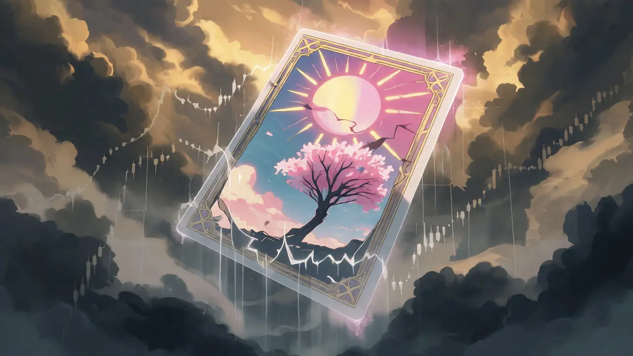 Cracking magical card revealing a fragile sapling amidst stormy clouds