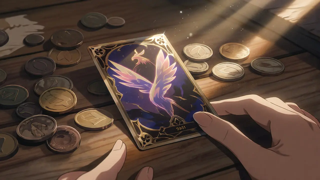 Fading phoenix trading card on a dusty table in anime style