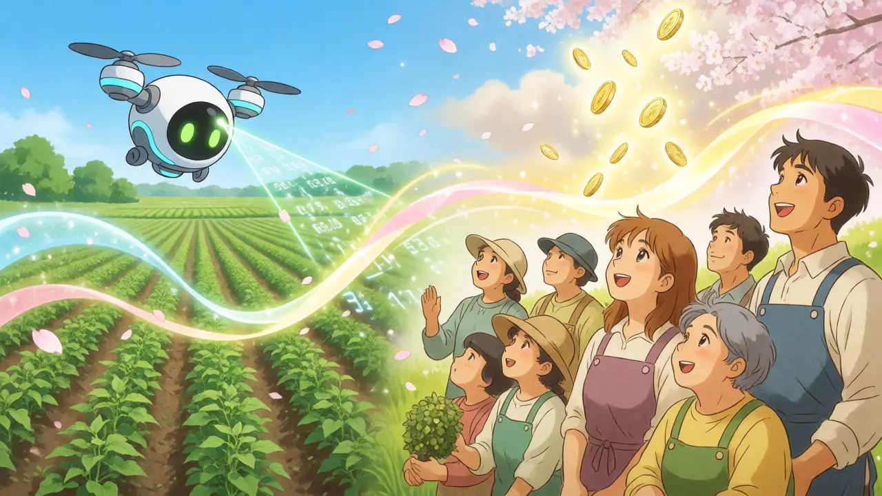 Farmers receive automatic crop insurance payouts triggered by a drone scan.