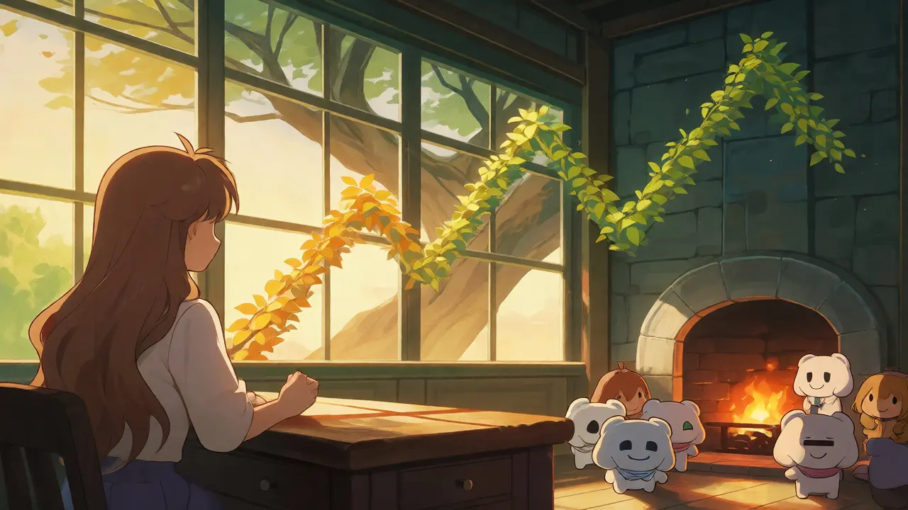 Girl watching a growing tree with golden leaves while chibi mascots gather inside