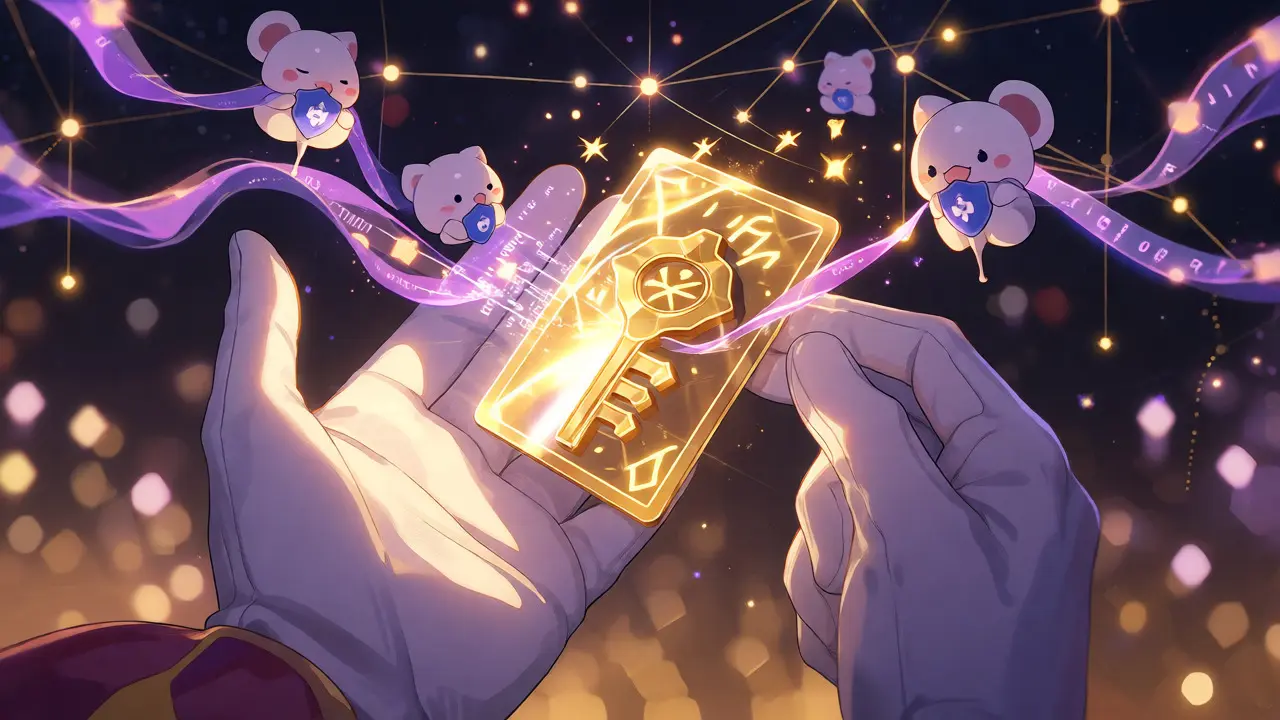 Glowing cryptographic keycard transforming from code amidst magical sparkles