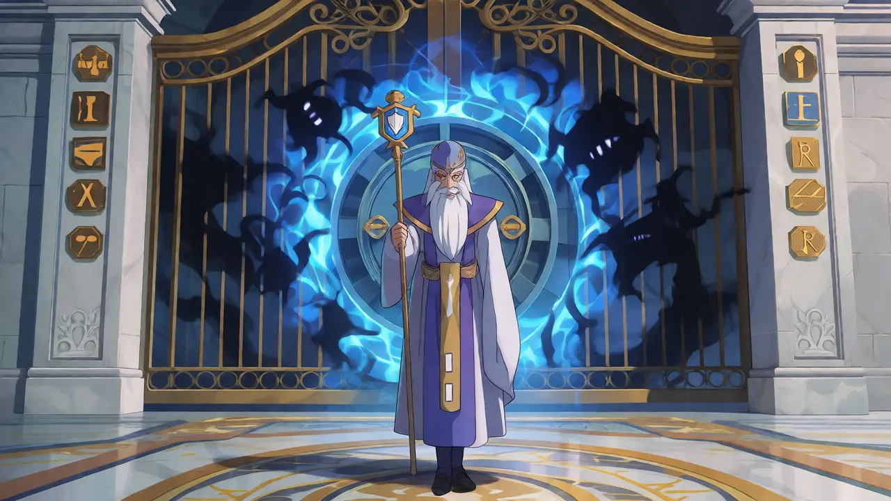 Guardian figure protecting a secure vault with magical barriers, symbolizing MAS regulations.
