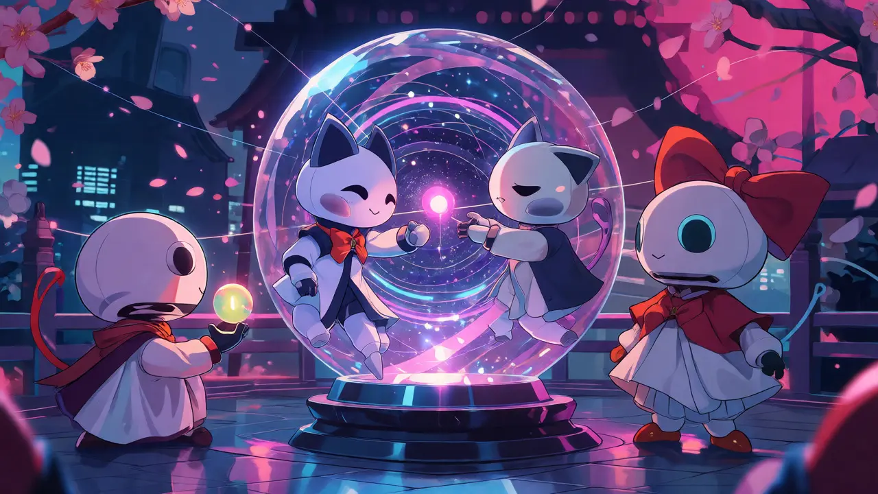 Harmonious robot familiars inside a crystal orb with cherry blossoms