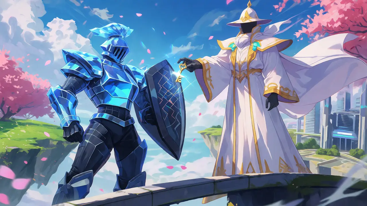 Knight and merchant spirits shaking hands on a bridge between floating islands