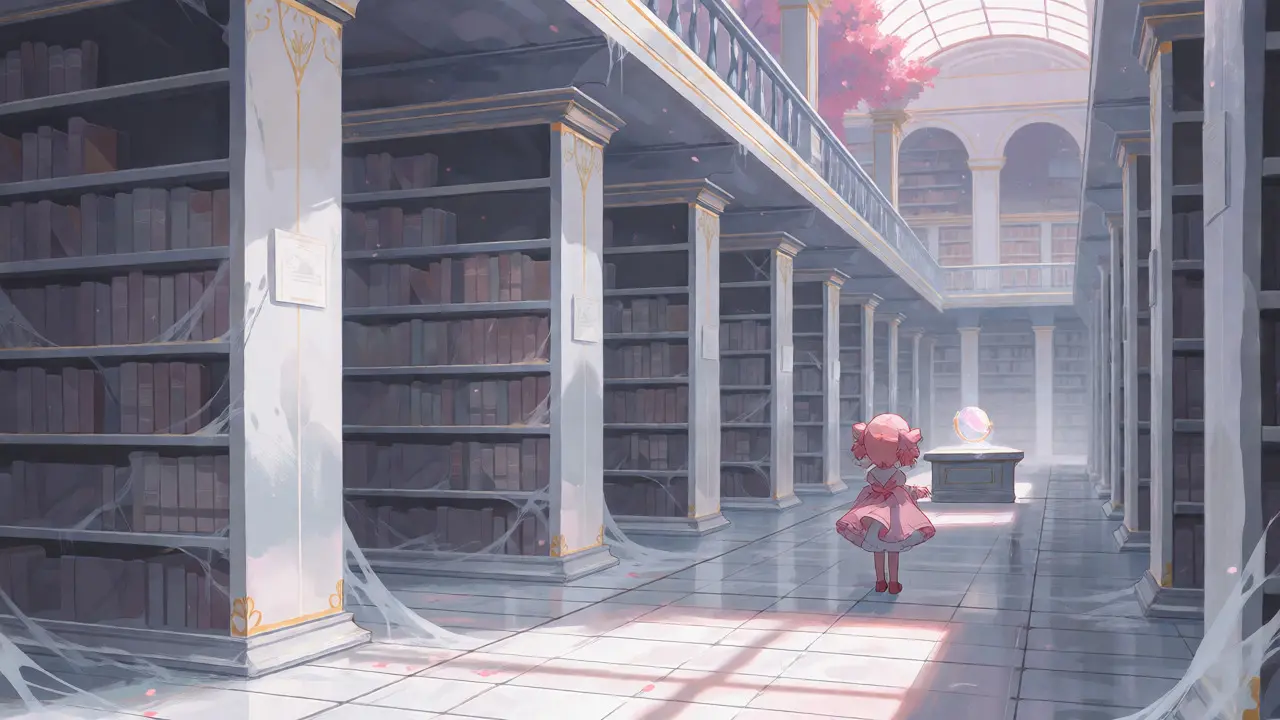 Lonely magical girl in an abandoned digital archive in anime style