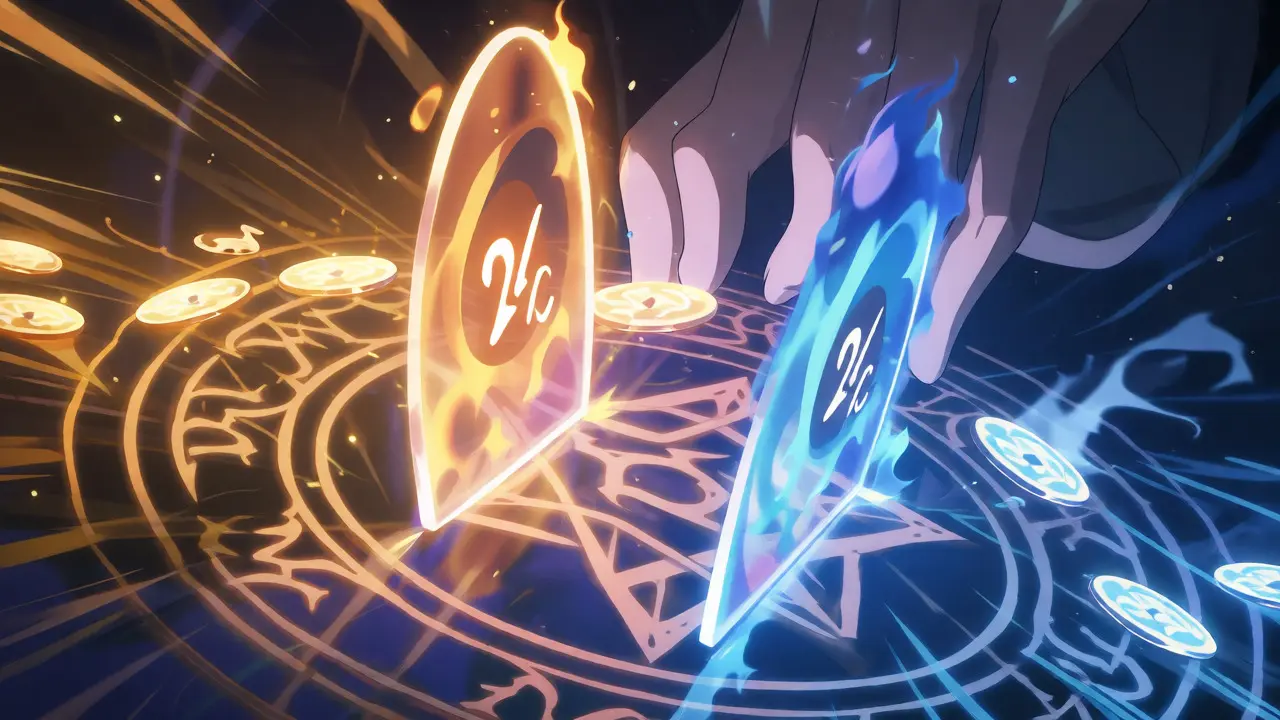 Magical barriers separating gold reward flows from blue burn flames in a dynamic anime scene.