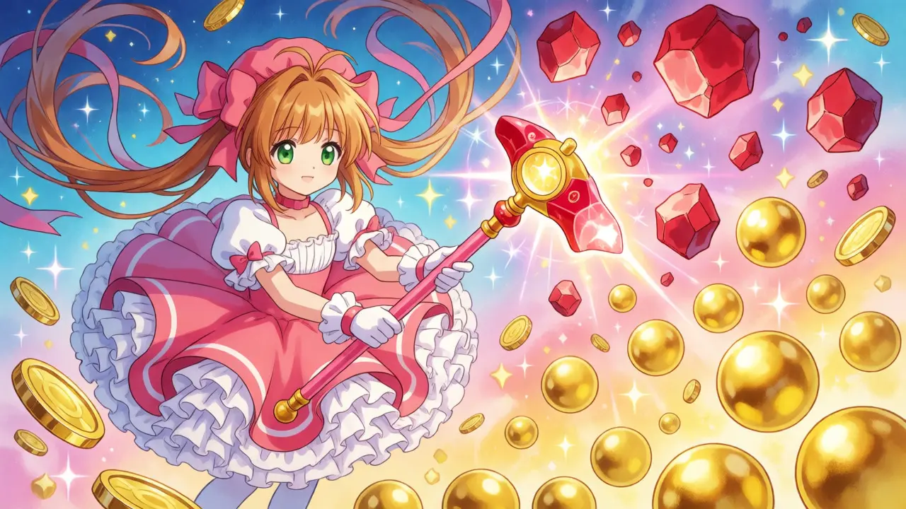 Magical girl transforming volatile rocks into gold coins