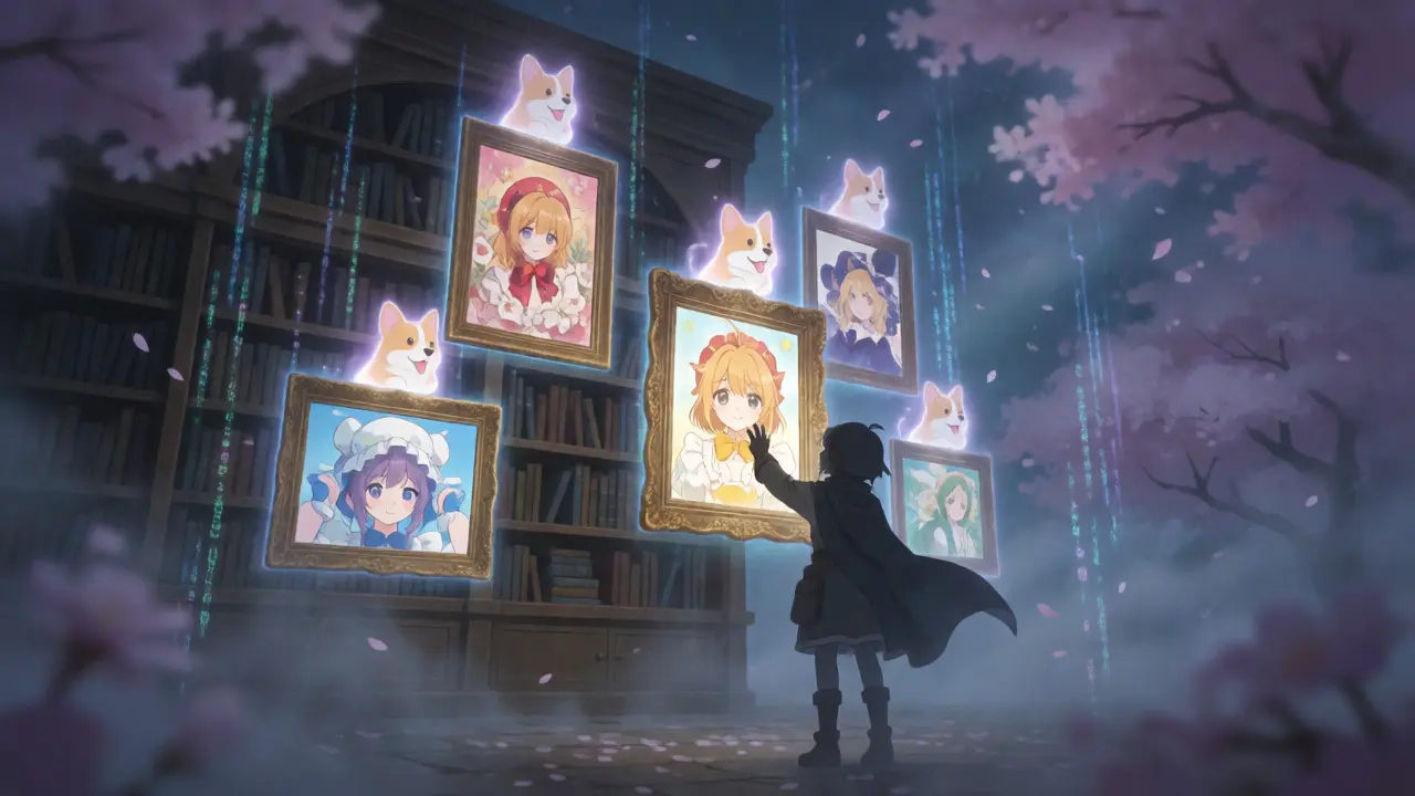 Magical NFT gallery with floating frames and ghostly Corgi guardians